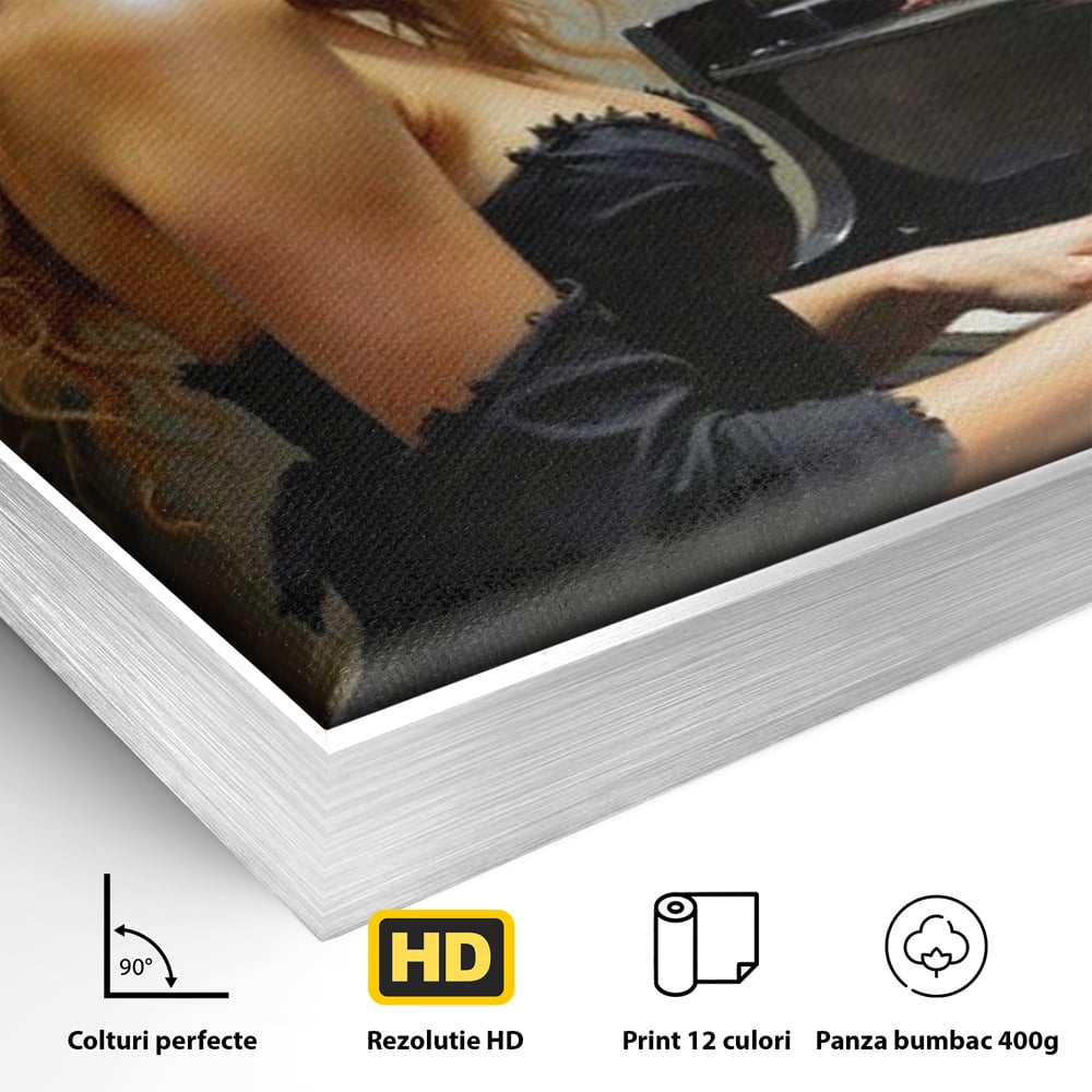 Detaliu al suprafetei: tablou canvas cu femeie blonda la pian, in rama de aluminiu argintiu